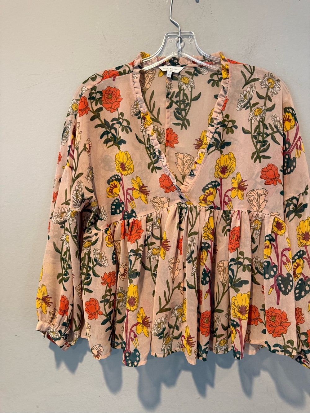 Lucky Brand Pink Floral V-Neck Tunic with Yellow & Orange Blooms